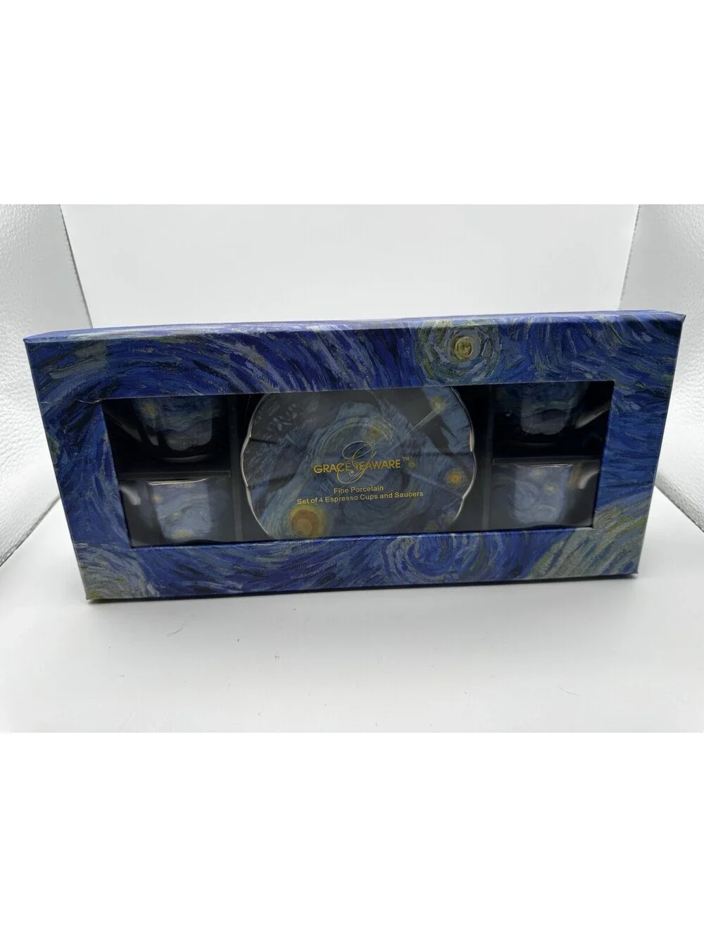 Grace Teaware Starry Night Van Gogh Espresso Cups and Saucers 8 Piece Gift Set⁠